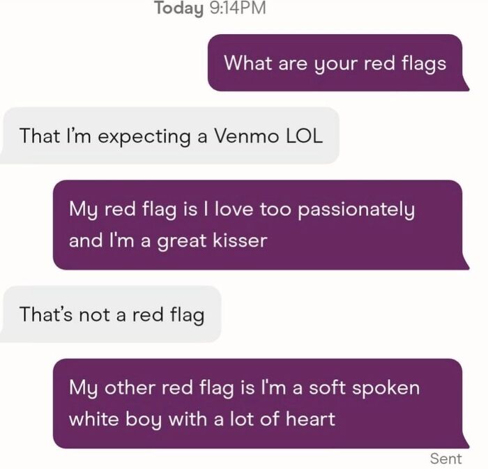 Funny and weird text conversation about red flags and expectations that might make you laugh out loud.