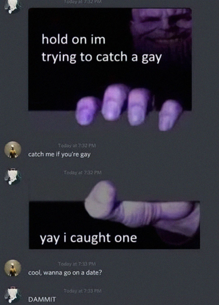 Funny unhinged and weird texts exchange showing playful catch and date invitation with purple hand gestures on dark background.