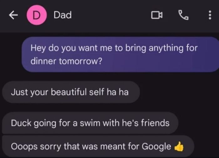 Text conversation with Dad sharing unhinged and weird texts involving a funny mix-up and playful messages.
