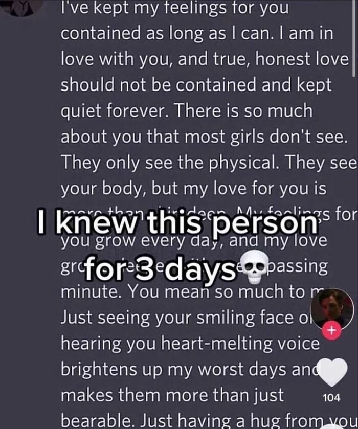 Screenshot of an unhinged and weird text expressing intense sudden love with humor and unexpected depth.