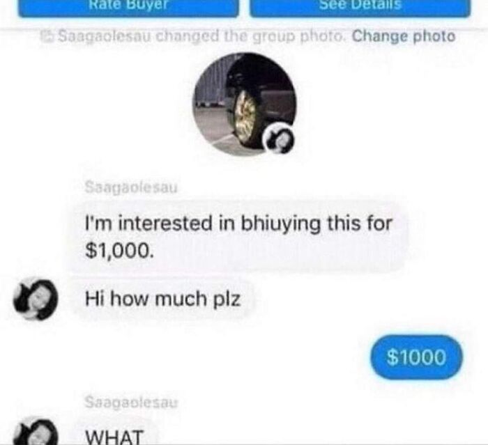 Screenshot of weird texts showing a confused buyer quoting a price and seller responding with $1000 price message.