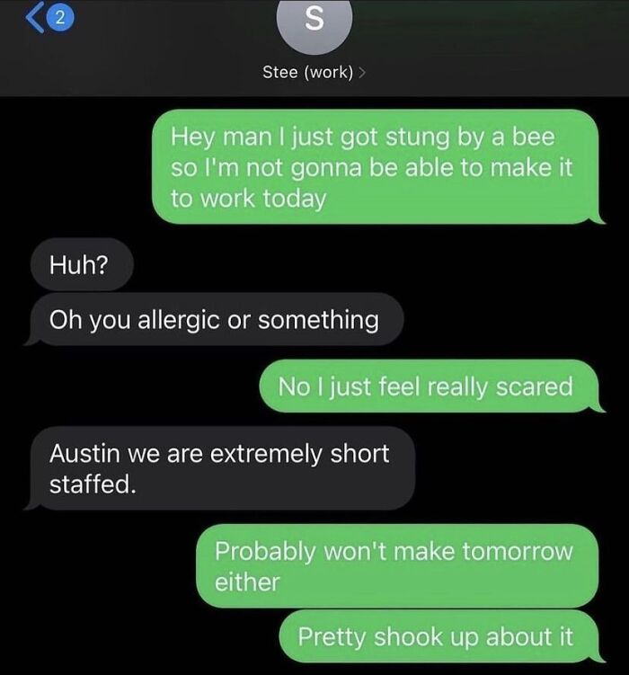 Text message conversation showing unhinged and weird texts about being stung by a bee and not going to work.
