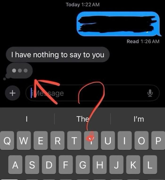Screenshot of a weird text message conversation showing a confusing reply and a red question mark drawn on the keyboard.