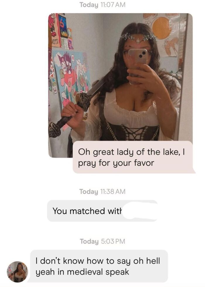Person dressed in medieval attire holding a sword, sharing unhinged and weird texts with humorous medieval references.