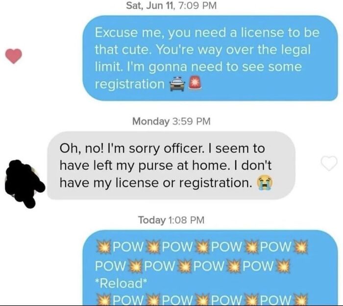 A funny and weird text exchange with playful threats and a humorous license and registration joke.