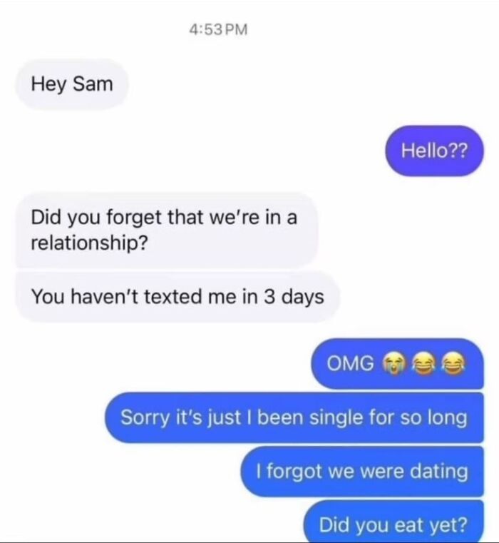 Funny text message exchange showing an unexpected turn in a relationship conversation with playful and surprising replies.