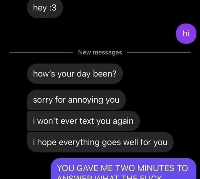 Chat conversation showing unhinged and weird texts with apologies and confusion in a messaging app.