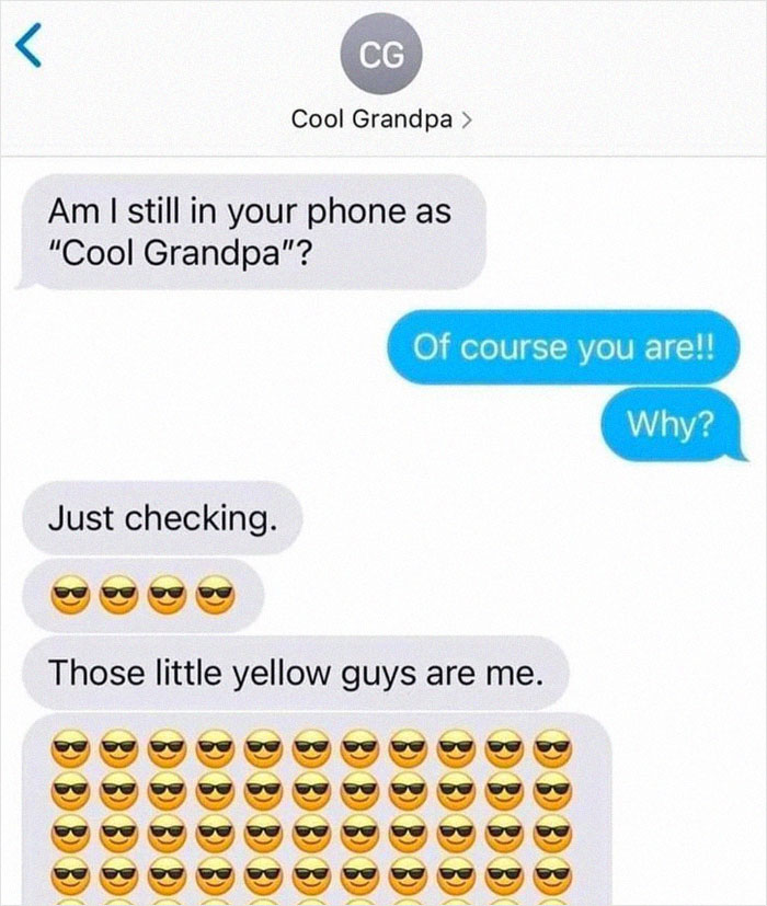 Text conversation with Cool Grandpa using many sunglasses emojis, showcasing unhinged and weird texts to laugh out loud.