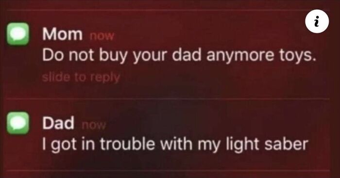 Screenshot of unhinged and weird texts between mom and dad about buying toys and a light saber mishap.