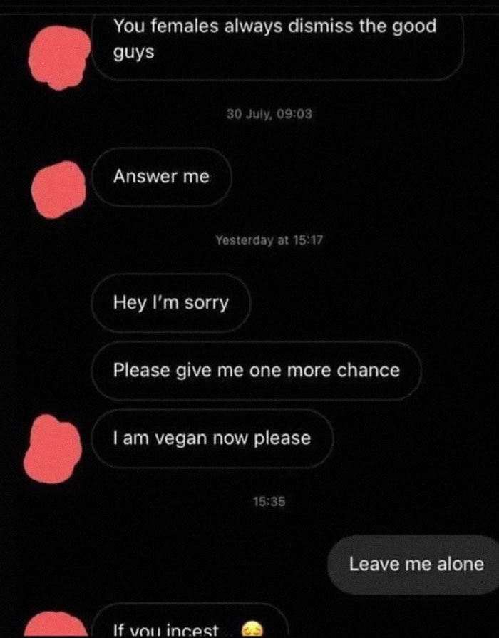 Text message exchange showing unhinged and weird texts with a person pleading and being ignored.