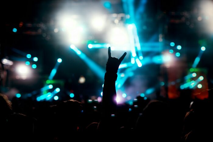 Silhouette of a person making a hand gesture at a concert with bright stage lights and crowd in background.