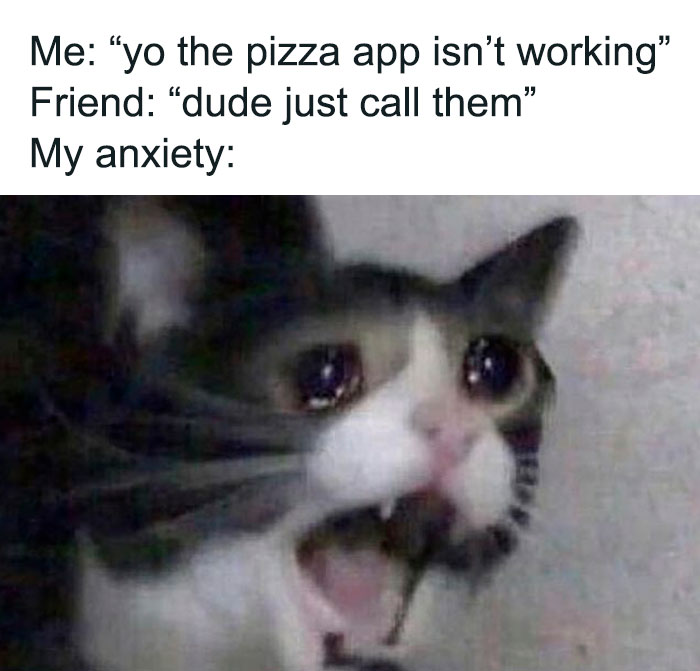 Anxiety humor in goth memes featuring a distressed cat with wide eyes reacting to a simple phone call suggestion.