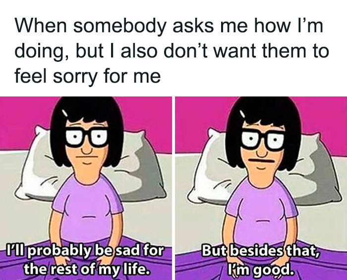 Cartoon character expressing mixed emotions with text about feeling sad but hiding it, related to goth memes.