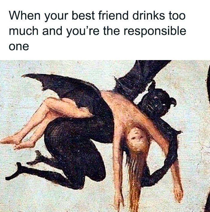 Dark gothic creature carrying a limp friend, illustrating goth memes about responsibility and friendship in a surreal style.