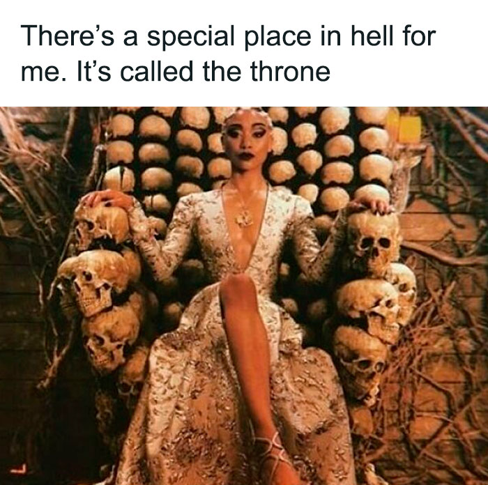 Woman in elegant gothic dress sitting on a throne made of skulls, embodying goth memes and dark humor.