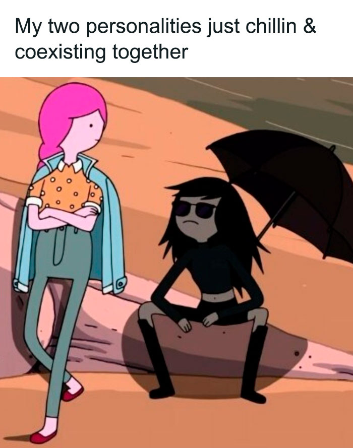 Two cartoon characters showing contrasting styles in a scene representing goth memes for those who don’t fit in.