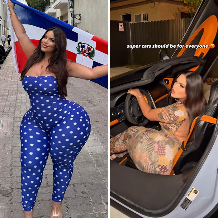 Plus-size influencer posing with a flag and sitting in a luxury car, representing plus-size influencer moments in 2025.