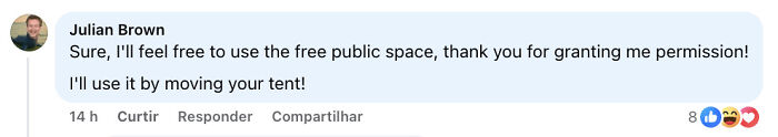 Comment on social media criticizing the grotesque act of reserving public space by moving someone else's tent on New Year's Eve. Comment on social media criticizing the grotesque act of reserving public space by moving someone else's tent on New Year's Eve.