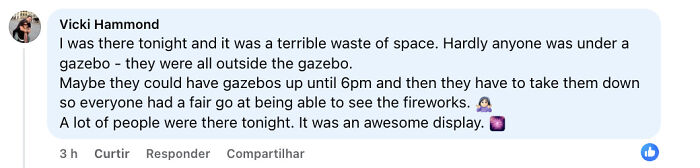 Comment from Vicki Hammond criticizing the New Year’s Eve act of reserving public space as a waste and unfair. Comment from Vicki Hammond criticizing the New Year’s Eve act of reserving public space as a waste and unfair.