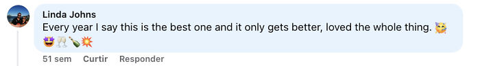 Comment by Linda Johns expressing enthusiasm and love for an annual event, shown in a social media interface. Comment by Linda Johns expressing enthusiasm and love for an annual event, shown in a social media interface.