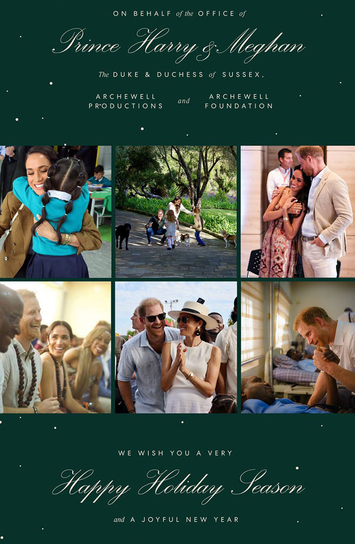 Collage of Prince Harry and Meghan Markle engaging with people and animals in various joyful moments during holiday season.