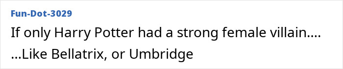 Text saying if only Harry Potter had a strong female villain like Bellatrix or Umbridge, referencing Cynthia Erivo and Lord Voldemort talks.