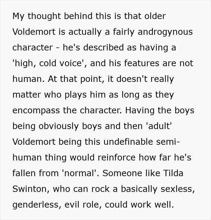 Text discussing Voldemort as an androgynous character and speculation on casting choices for the role.