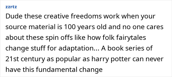 Screenshot of an online comment discussing creative freedoms and reactions to Cynthia Erivo allegedly playing Lord Voldemort.