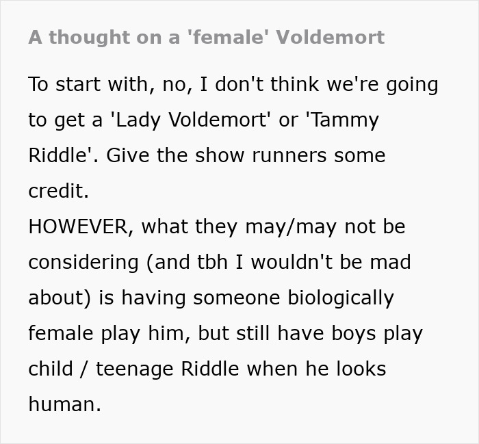 Text discussing the possibility of a female or biologically female actor playing Lord Voldemort in a show.
