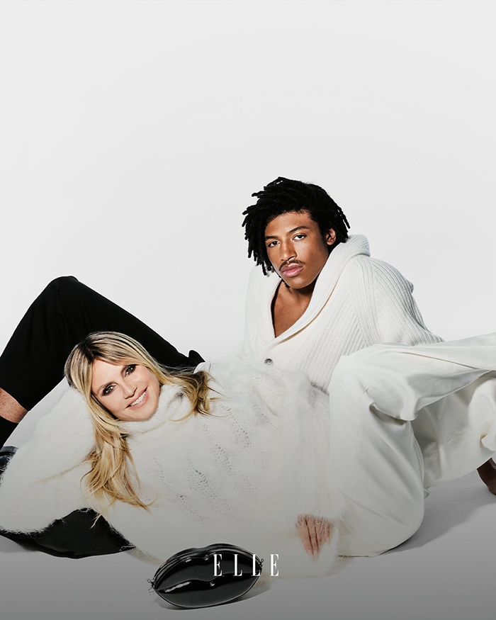 Heidi Klum and her son posing for Elle cover, sparking fans' debate over modeling and appearance.