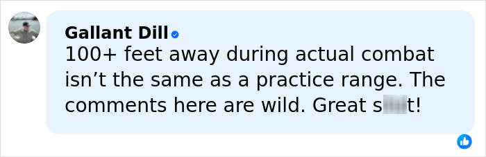 Screenshot of Gallant Dill&rsquo;s social media comment about combat and practice range, mentioning Bondi Beach attacker hero.