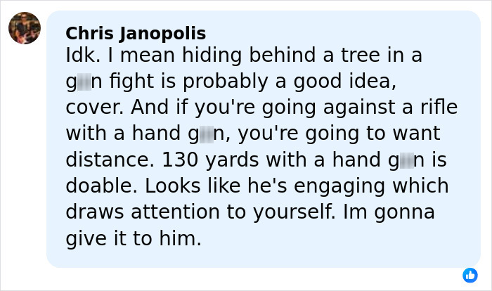 Comment from Chris Janopolis discussing tactical advice on gun fights, emphasizing distance and engagement strategies.