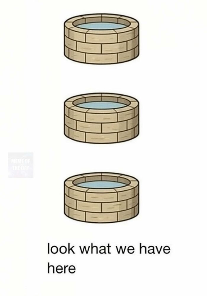 Three cartoon stone wells with water inside shown with text look what we have here in a funny meme for brightening dark cold winter days.
