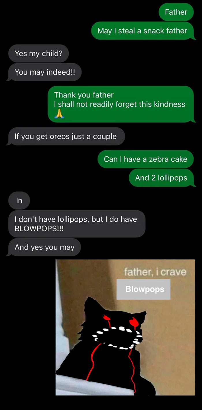 Humorous text message exchange about snacks including Oreos, zebra cake, lollipops, and blowpops with funny cat meme.