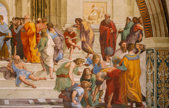Renaissance fresco depicting ancient philosophers engaged in learning, illustrating bizarre facts from history and unexpected discoveries.