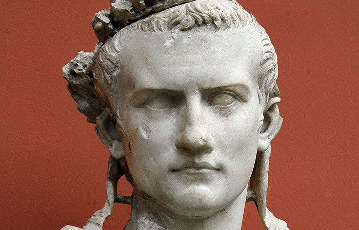 Marble bust of a Roman figure against a red background representing bizarre facts from history and unexpected discoveries.