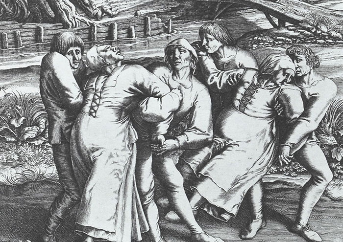 Black and white historical drawing showing a group of people dancing, illustrating bizarre facts from history.
