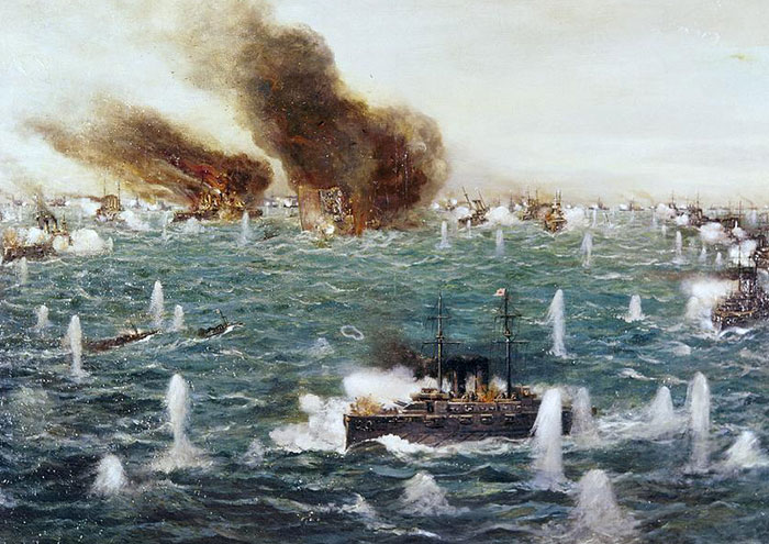 Naval battle scene painting showing warships and explosions, illustrating bizarre facts from history in an intense sea fight.