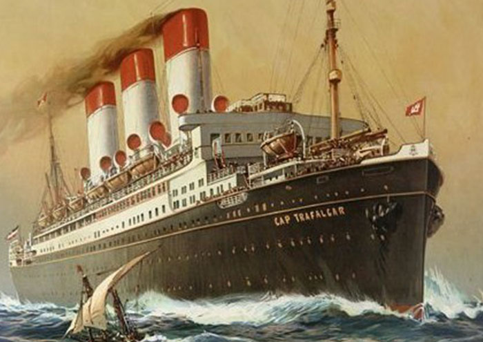Historic ocean liner Cap Trafalgar sailing through rough seas, illustrating bizarre facts from history in maritime travel.