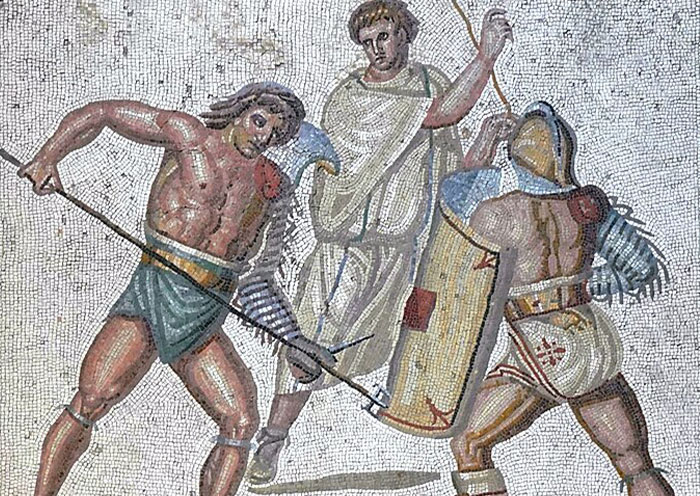 Ancient Roman mosaic depicting gladiators fighting in an arena, illustrating bizarre facts from history.