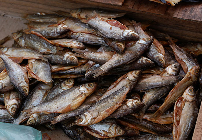A pile of dried fish on a wooden surface, illustrating bizarre facts from history about unusual food practices.