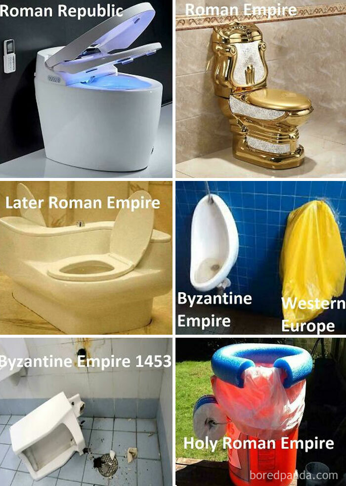 Humorous history memes comparing toilets from Roman Republic to Holy Roman Empire showing evolution in empire bathrooms.