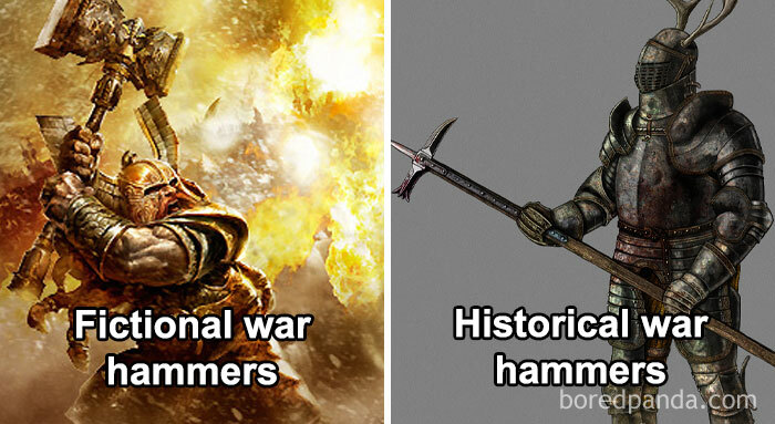 Comparison of fictional and historical war hammers featuring medieval warriors in armor, related to history class memes.
