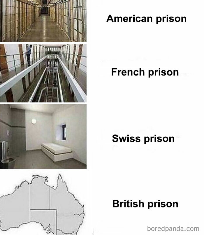 Comparison meme showing American, French, Swiss, and British prisons, illustrating cultural differences in history class memes.