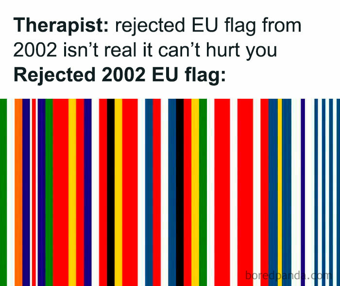 Rejected 2002 EU flag meme with colorful vertical stripes, combining humor and history class learning through memes.