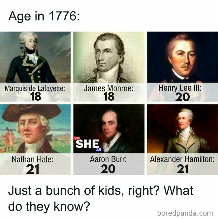 Portraits of key historical figures aged 18-21 in 1776, highlighting youth in history class memes for learning value.