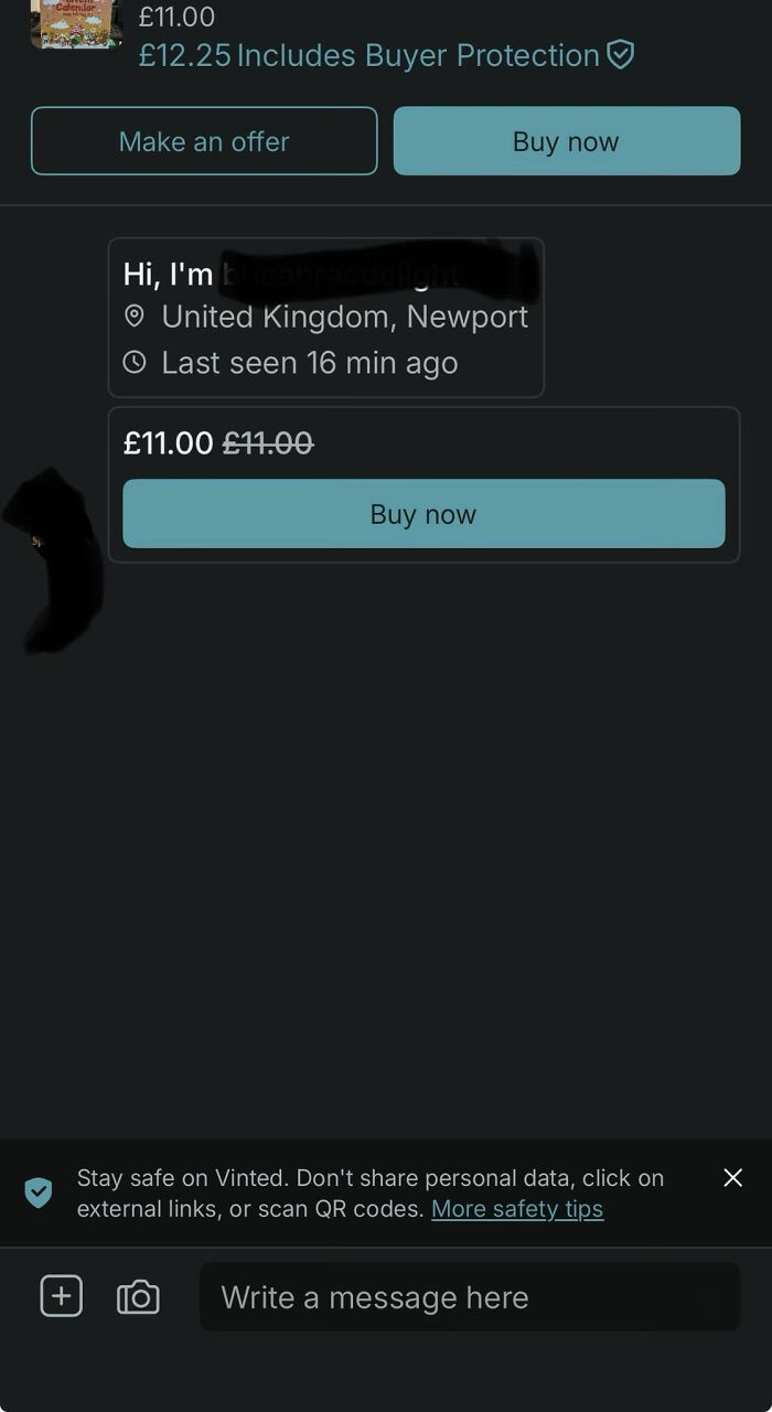 Vinted listing showing a seller from Newport, UK, with price and buyer protection details on the screen.