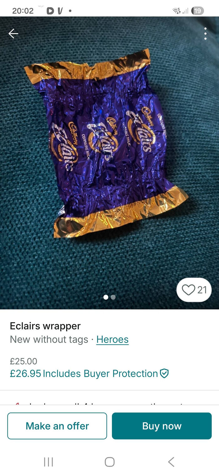 Eclairs wrapper listed for sale on Vinted, highlighting unhinged and surprising second take posts.