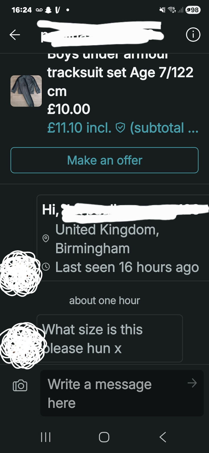 Screenshot of a Vinted post listing a boys' tracksuit with buyer messaging about the clothing size on the resale app.