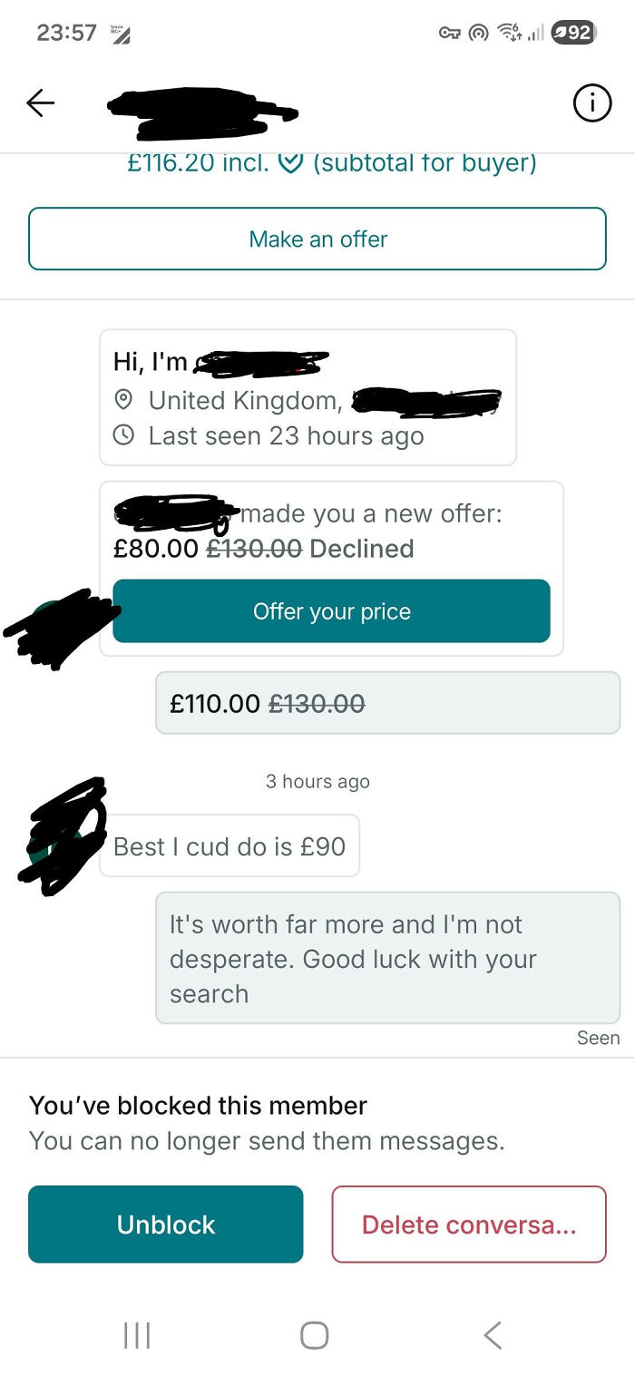 Screenshot of a Vinted negotiation chat showing a declined offer and a seller refusing a low price in a Vinted post.